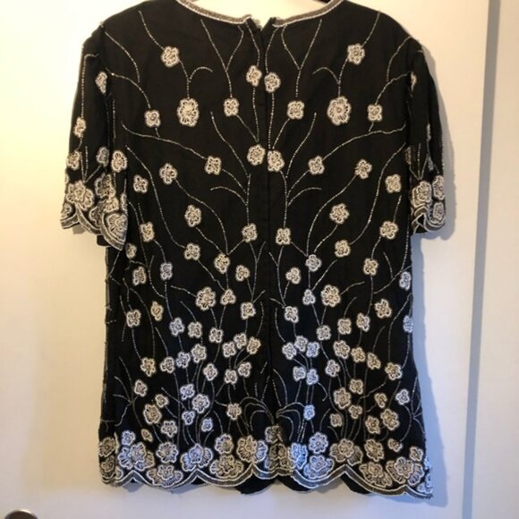 Beaded Black & White 100%Silk Floral Papell Boutique Evening Top, Size XL - Picture 6 of 8